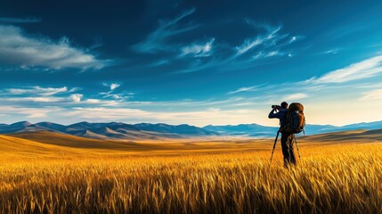 A photographer capturing a scenic landscape in a golden field under a blue sky.