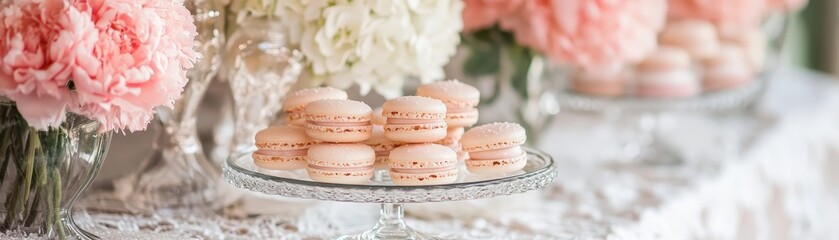 Fototapeta premium Vintage Inspired Table Setting With Macarons and Floral Bouquet