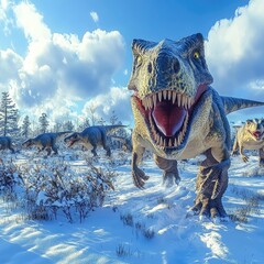 A group of dinosaurs, including a large T-Rex, roaming through a snowy landscape.