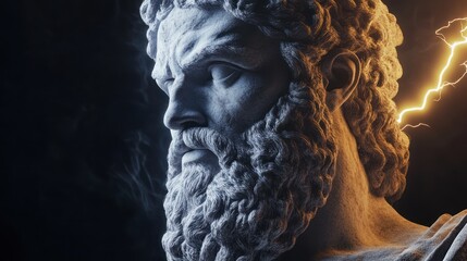 Ancient Greek god bust, powerful, marble, dramatic lighting, mythological,  Zeus, 