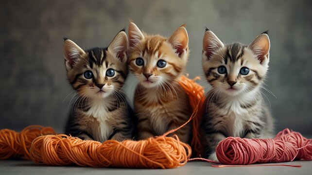 Adorable kittens playing with yarn