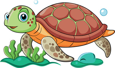 Cartoon sea turtle swimming underwater near seaweed and air bubbles
