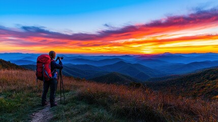A hiker captures a stunning sunset over mountains with vibrant colors.