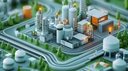 Isometric view of an industrial complex with factories, pipelines, and surrounding green spaces.