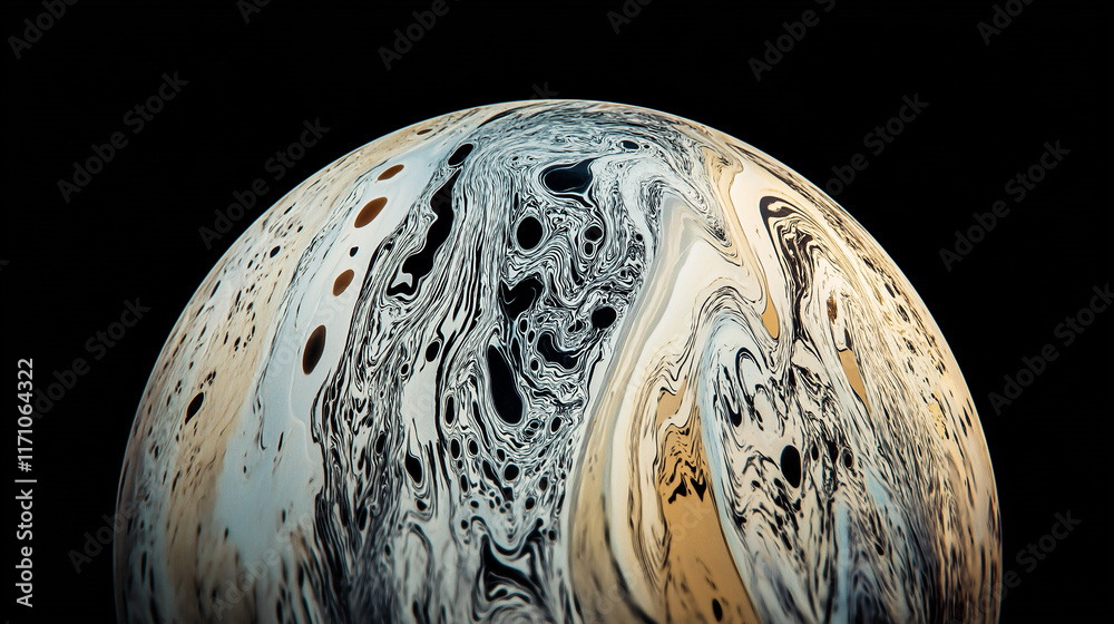 Wall mural soap bubble showing colorful swirls resembling a planet surface on black background