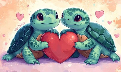 Postcard for Valentine's Day, I Love You in cartoon style, romantic Turtles and heart shape