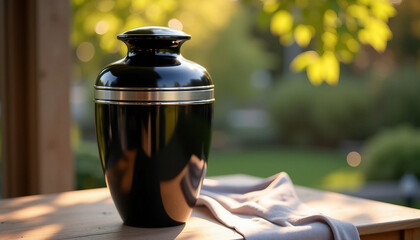 Black and silver ceramic cremation urn on wooden table with garden view
