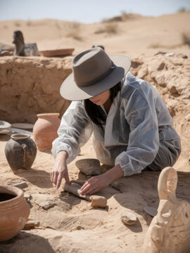 una arque&oacute;loga que descubre artefactos antiguos en un sitio de excavaci&oacute;n en el desierto. Lleva un sombrero de ala ancha y un traje protector
