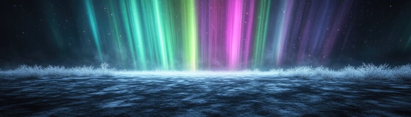 A vibrant aurora borealis illuminates a serene landscape at night.