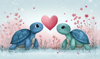 Postcard for Valentine's Day, I Love You in cartoon style, romantic Turtles and heart shape