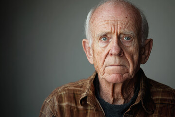 Obraz premium An engaged older man showcasing wisdom and confusion against a grey backdrop.