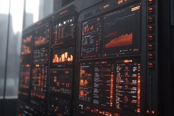 Obraz premium Futuristic Data Center Control Panel with Orange Glowing Interfaces