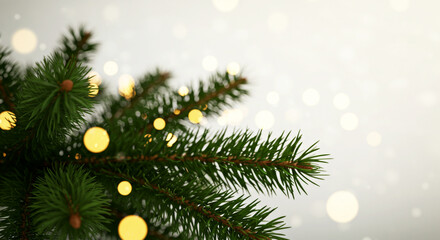 A close-up view of festive fir tree branches adorned with twinkling golden lights, surrounded by a soft bokeh effect, creating a warm and elegant holiday ambiance. background