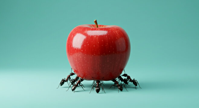 Showcasing strength and unity, this creative image features ants carrying a red apple together on a vibrant teal background, symbolizing teamwork and collaboration.
