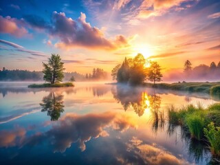 Panoramic Foggy Lake Morning: Serene Mist Shrouds Calm Waters