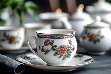 Fototapeta premium Beautifully crafted porcelain tea set featuring delicate floral motifs decorating the elegant cups and saucers