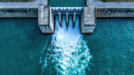 Flood barrier. Aerial view of a dam releasing water into a river, showcasing engineering and nature's interaction.