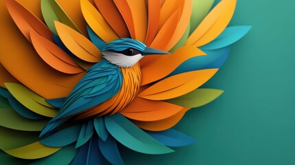 Fototapeta premium Colorful bird paper art display creative studio digital illustration bright environment close-up view nature concept