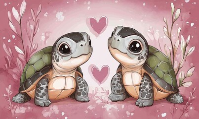 Postcard for Valentine's Day, I Love You in cartoon style, romantic Turtles and heart shape