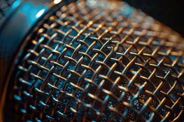 Close-up of a microphone mesh, showcasing its intricate design and purpose for sound capture.