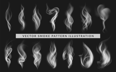 Collection of realistic overlay smoke, fire steam, transparent sky cloud, winter fog or mist, cigarette or chimney fume wave, nature air, explosion pattern and weather element. Food smoke silhouette.