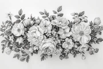 A stunning monochrome floral arrangement featuring a variety of blooming flowers and lush foliage.