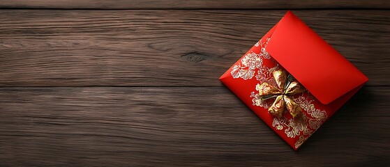Obraz premium Beautifully Designed Red Envelopes with Intricate Gold Patterns Resting on a Rustic Wooden Background Representing the Festive and Auspicious Atmosphere of like Chinese New Year or Valentine s Day