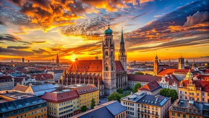 Fototapeta premium Panoramic Munich Silhouette: Frauenkirche & Marienplatz at Sunset