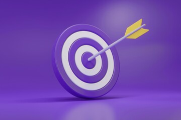 An arrow hits the bullseye of a purple and white target, symbolizing achievement and success.