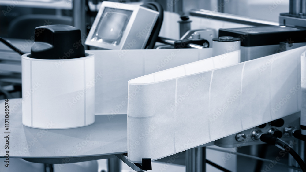 Poster fragment of the conveyor of sticking labeling machine. abstract industrial background.
