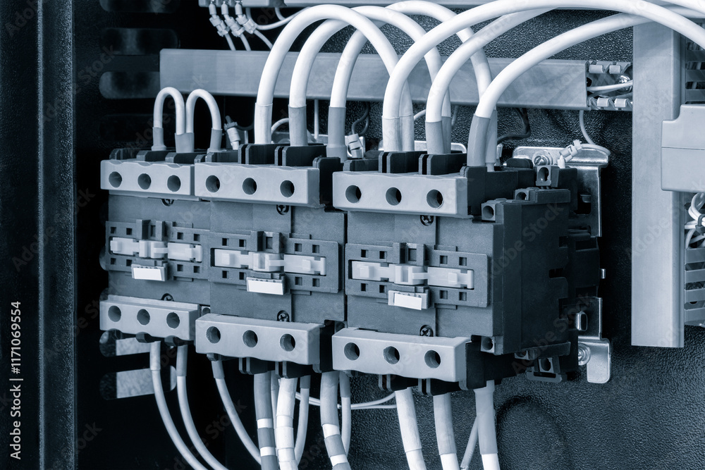 Poster electrical panel with many wires, electrical parts, automatic switches, breakers, residual current d