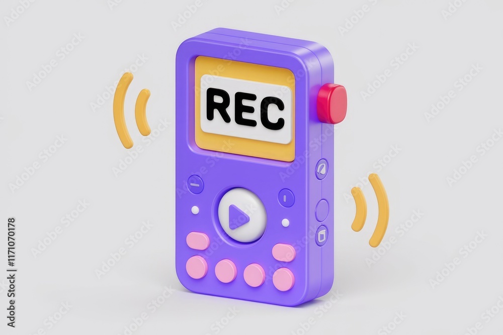 Poster A 3D rendered illustration of a purple voice recorder displaying 