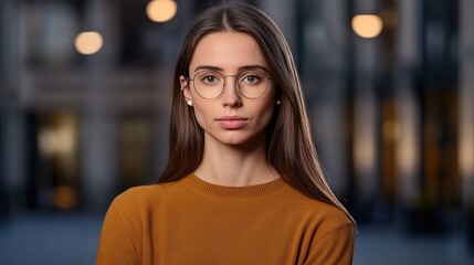 Obraz premium Thoughtful young woman with glasses posing outdoors in urban setting