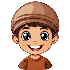 A happy boy wears a tan kufi and thawb.