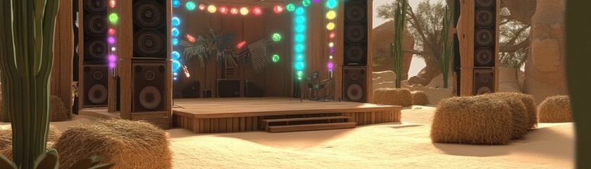 Obraz premium A desert stage set for a lively performance with colorful lights and sound equipment.