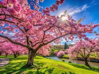 Panoramic Spring Sakura Blossom:  Vibrant Pink Cherry Trees in Full Bloom