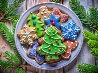 Handmade glazed Christmas cookies, nestled amongst fragrant fir branches, evoke festive holiday baking.