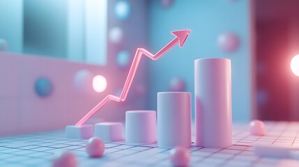 Professional 3D business chart showcases white ascending bars with upward arrow on light blue gradient background, incorporating grid pattern overlay for corporate data visualization