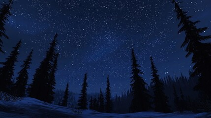 A serene night sky filled with stars over a snowy forest.