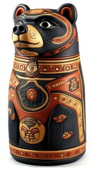 A decorative bear-shaped container featuring intricate designs and colors.