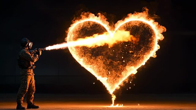 A man with a flamethrower burns a heart, a symbol of love and romantic relationships