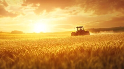 Fototapeta premium Tractor working in golden wheat field at sunset.