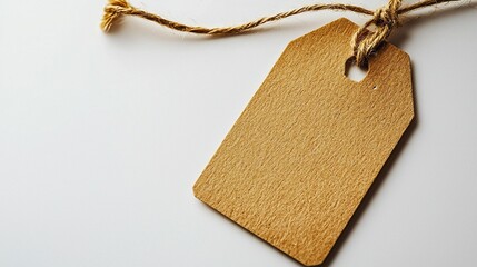 Blank wooden tag with twine on white background, copy space.