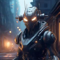 A robot wanders through a dark night city. It has a square head and 3 steel rods in each