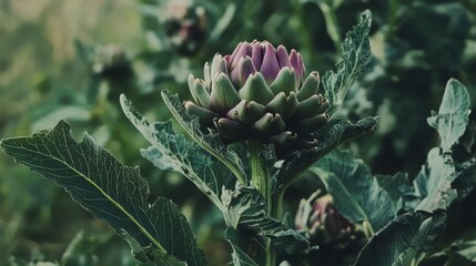 Fototapeta premium Fresh Artichoke Plant Surrounded by Lush Green Leaves in Garden