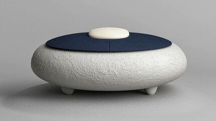 A modern, round coffee table with a textured base and contrasting top surface.