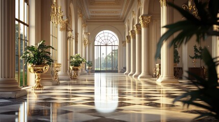 Fototapeta premium Grand palace hallway with sunlit, expansive view.
