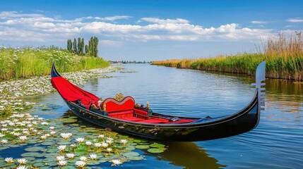 Obraz premium A scenic view of a gondola on a tranquil waterway surrounded by greenery and flowers.