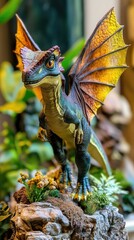 Obraz premium A vibrant dragon figurine perched on a rock, surrounded by lush greenery.