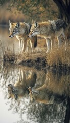 Obraz premium Two wolves standing by a calm water body, reflecting their image in the water.